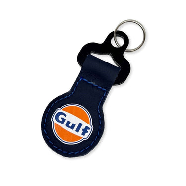 Sparco Gulf keychain featuring iconic orange and blue Gulf logo on navy leather with blue stitching